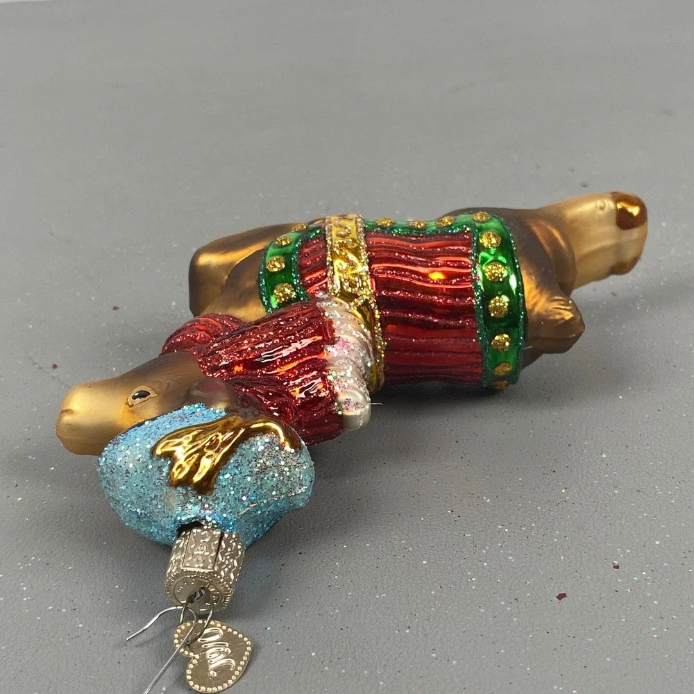 Old World Christmas Glass Holiday Ornaments Flying Reindeer & Cat In Stocking